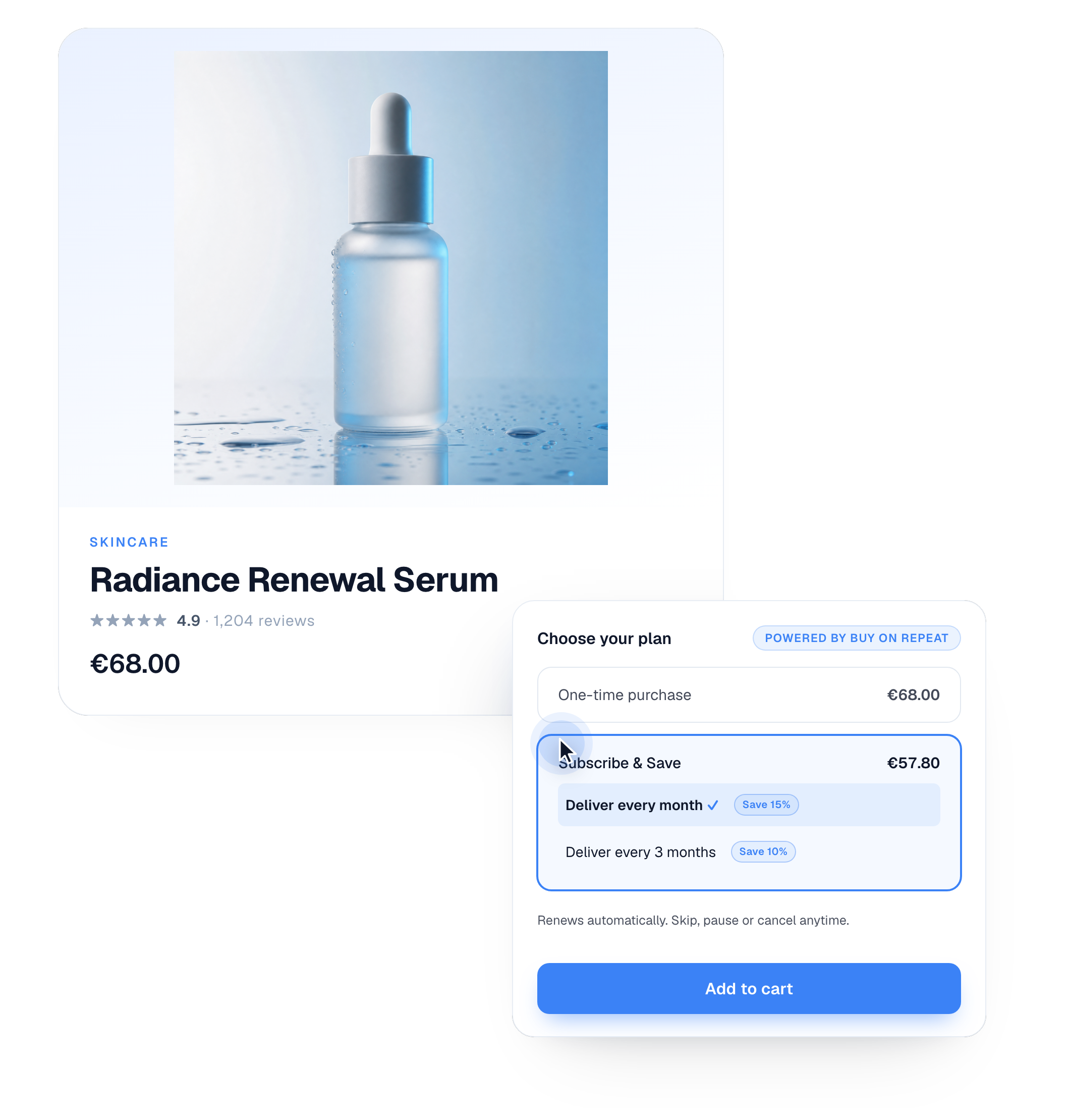 A Shopify product page for a skincare serum with the Buy on Repeat subscribe widget — choose One-time purchase or Subscribe & Save 15%, with skip, pause or cancel anytime